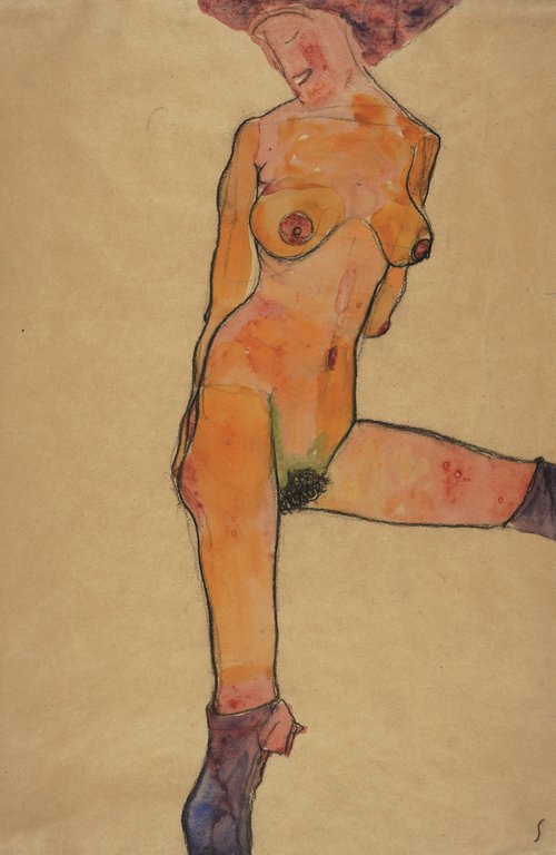 Weiblicher Akt  - Egon Schiele (Tulln 1890-1918 Wien) 
Aquarell, schwarzer Stift auf Pergament, 1910, 41,1 x 28,6 cm, monogr. re. u. S 