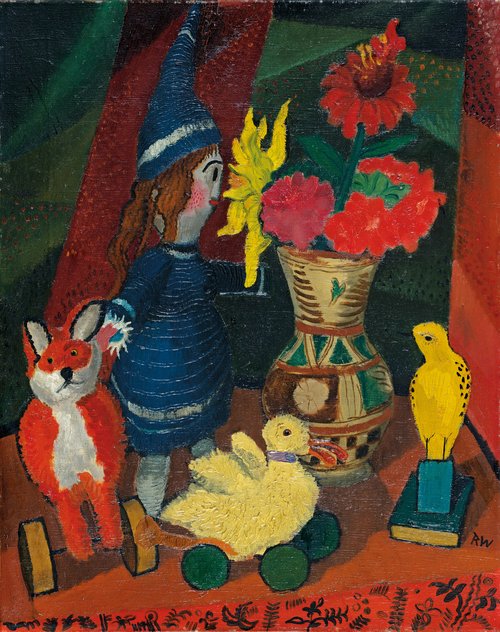 Still life with Flower Jug and Doll II - Rudolf Wacker (Bregenz 1893 – 1939 Bregenz)
Oil on canvas, 55 x 44 cm, monogr. btm. r. RW,. sgd. & dtd. back R. WACKER 1924
