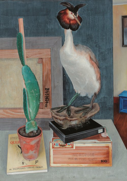 Stillleben mit  Haubensteißfuß - Rudolf Wacker, Öl auf Holz, 69 x 50 cm