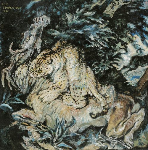 Gepard mit Beute  - Ludwig Heinrich Jungnickel (Wunsiedel 1881-1965 Wien) 
Öl auf Leinwand, 63,5 x 63,5 cm, sign. u. dat. L. H. JUNGNICKEL (19)20 

