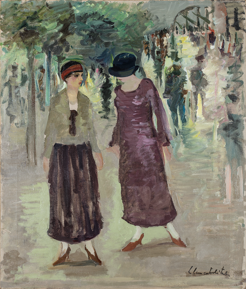 Zwei Damen im Englischen Garten  - Arnold Clementschitsch (Villach 1887 – 1979 Villach) 
Öl auf Leinwand, 84,5 x 72,5 cm, um 1920, sign. re. u. Clementschitsch 
